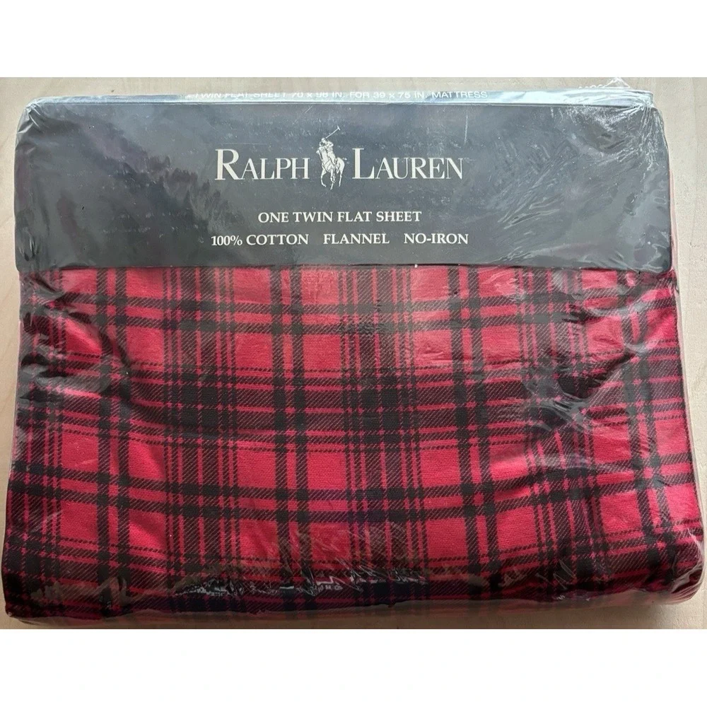 Vintage Ralph Lauren Flat Sheet Twin NIP NOS Jackson Red Plaid Flannel Cotton